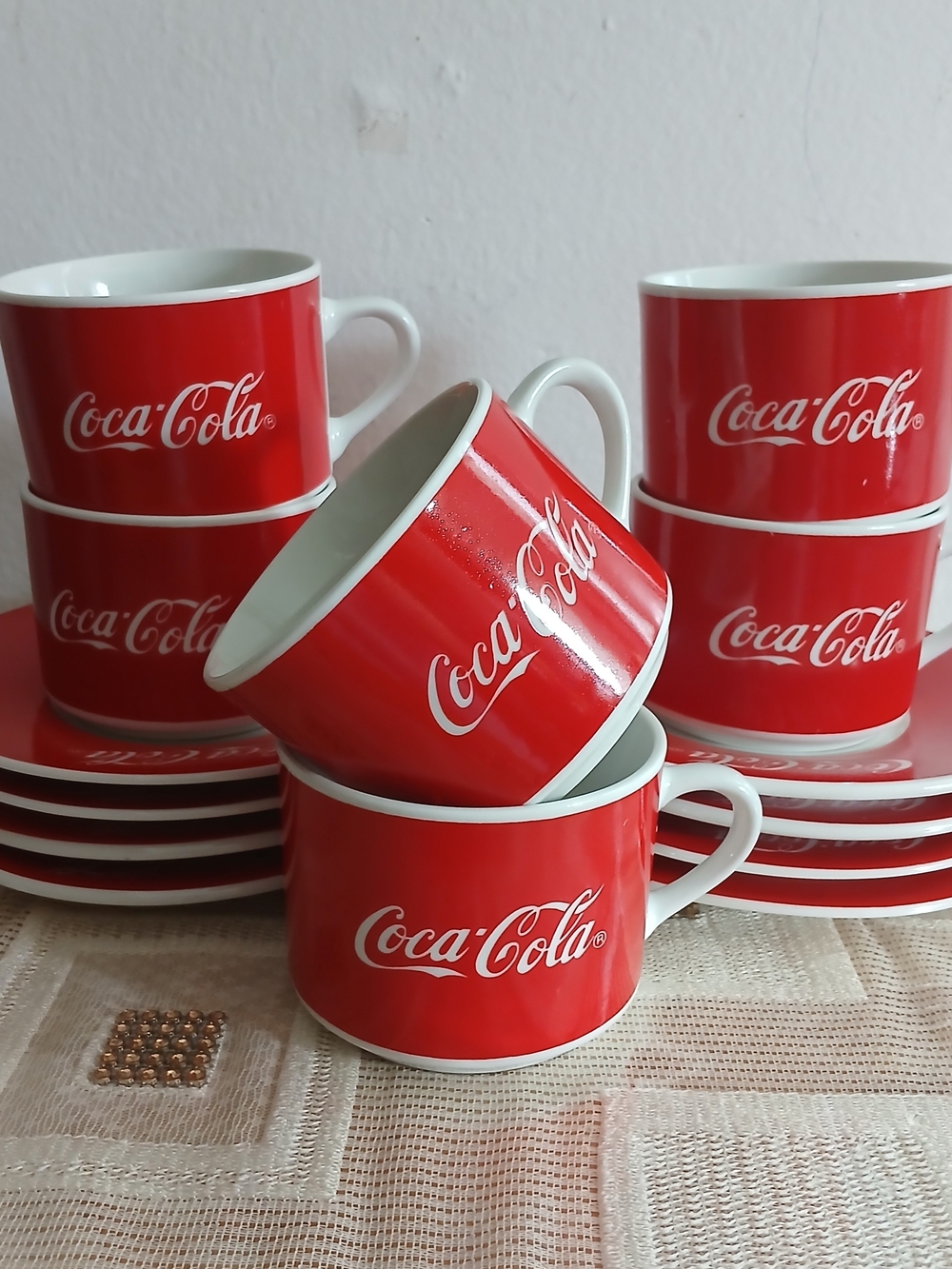 Vintage Gibson 1997 COKE Coca Cola Red 6 Cups and 8 Saucers